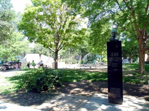 The grounds at Jean Sibelius Square are mostly shaded thanks to the tall lush trees overhead.