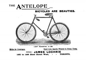 Picture Courtesy the Canada Lancet and Practitioner (1895): James Lochrie advertised his Antelope bicycles, which he began manufacturing in 1895, in a medical newsletter. 