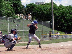 PHOTO BY R.S. KONJEK/GLEANER NEWS: Ryan White takes a turn at the plate during recent baseball action at Christie Pits. White’s home run in the bottom of the ninth sealed a 13-10 comeback victory for the Toronto Maple Leafs over the Burlington Bandits on June 8.